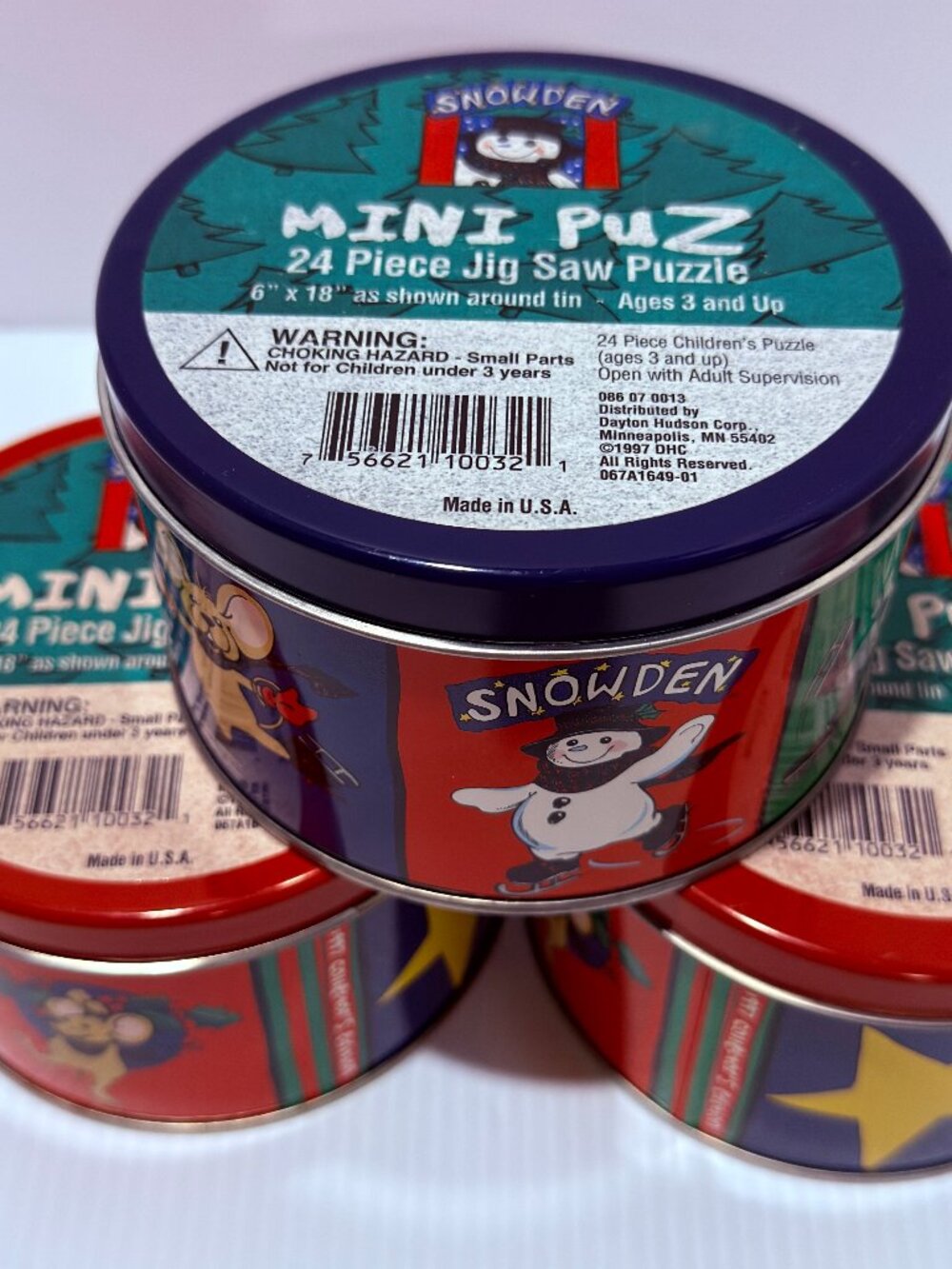 Vintage Snowden Mini 24pc Puzzle, 3 Tins Complete Unopened Pack